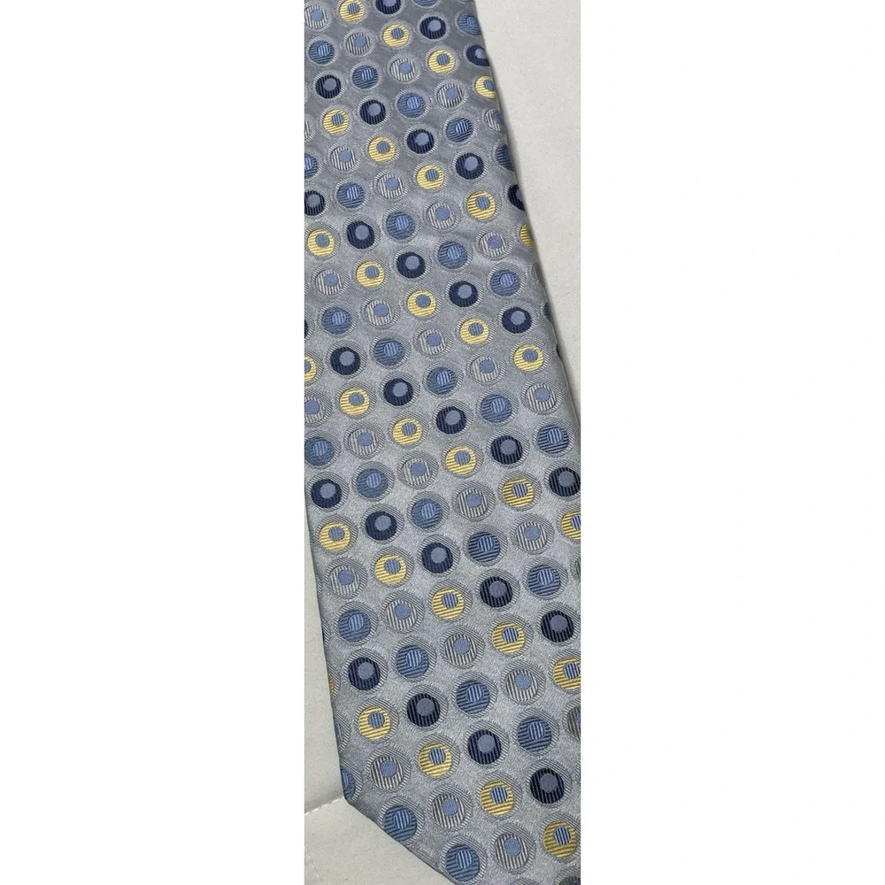 City of London Men’s Silk Tie Gray Blue Yellow Geometric Circle Made USA 59”